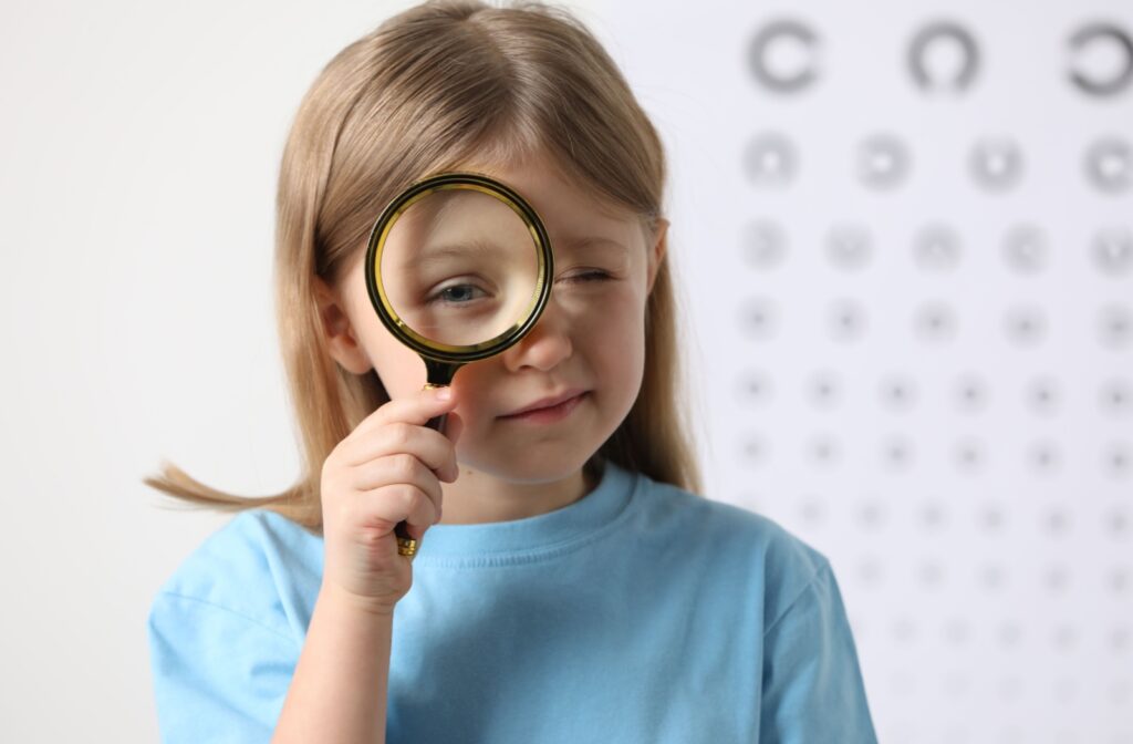Little kid with magnifying glass against vision test chart.